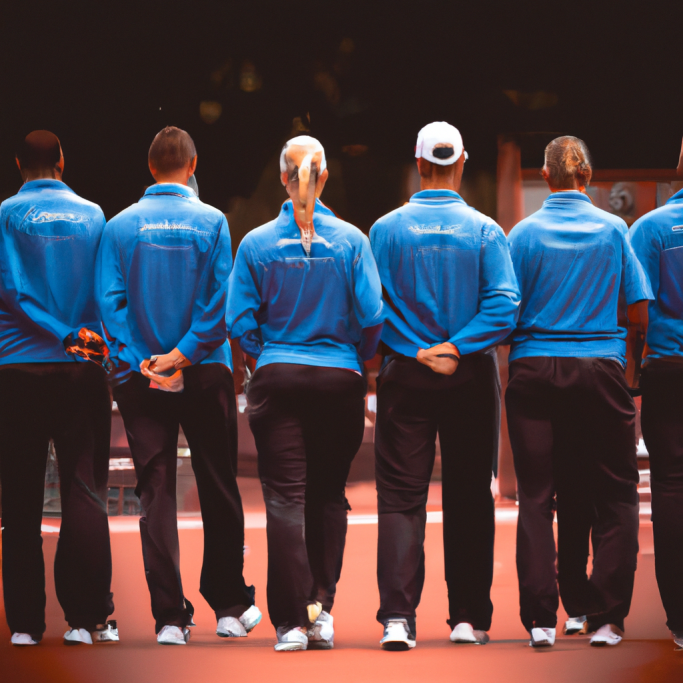 Sechs Personen mit blauen Shirts stehen mit dem Rücken zur Kamera auf einem Sportplatz.