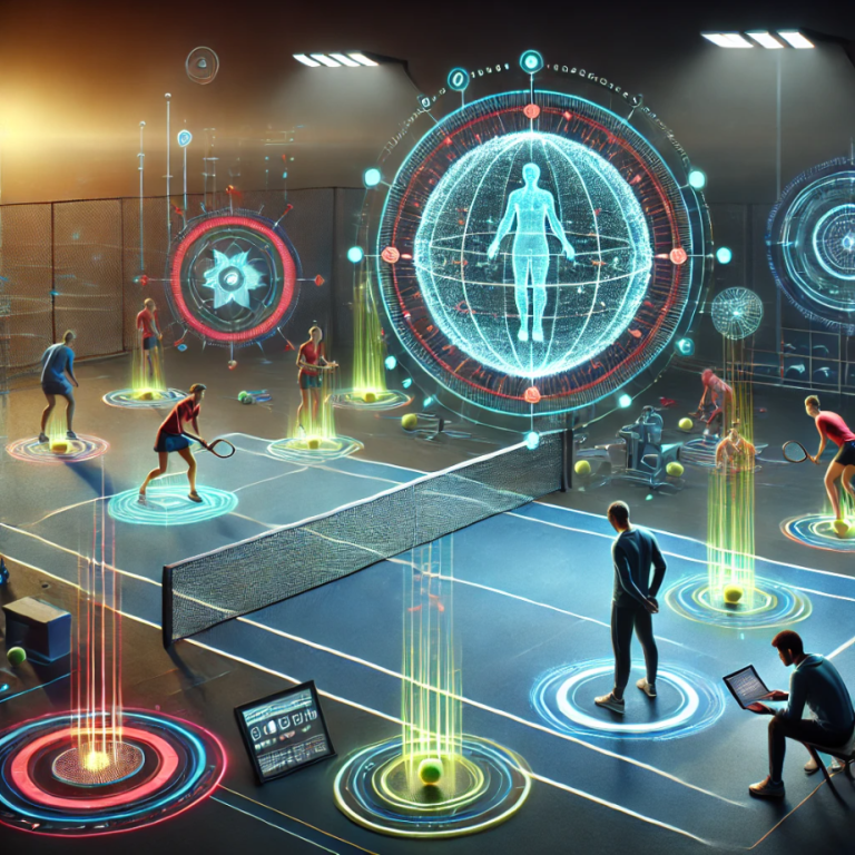 Sportler auf einem Tennisplatz interagieren mit digitalen Analyse-Elementen.