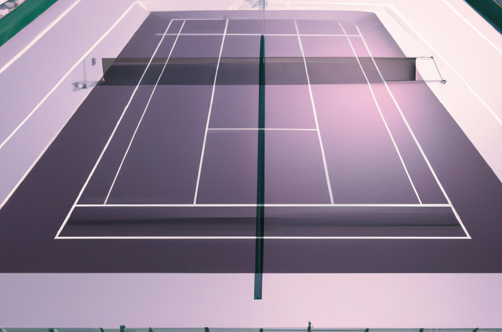 Tennisplatz von oben, mit Linien und Netz in der Mitte.