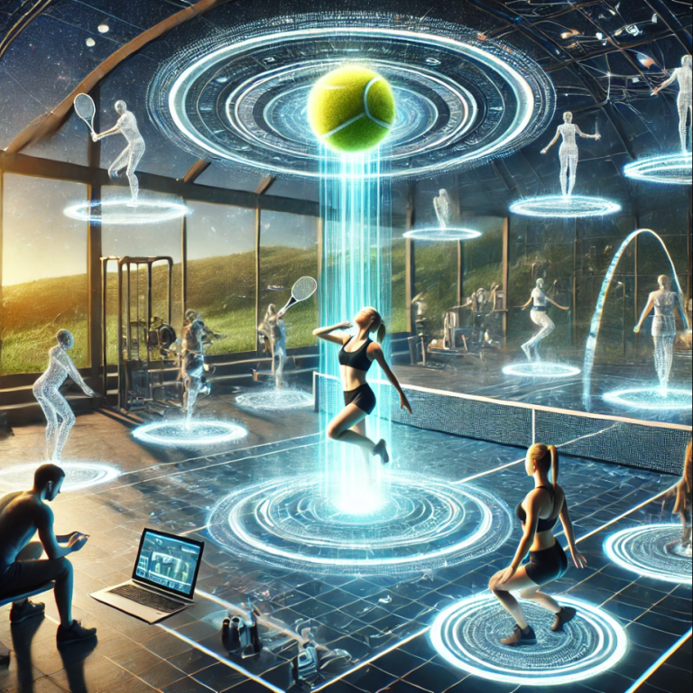 Futuristische Trainingsumgebung mit holografischen Sportfiguren und einer schwebenden Tennisball-Analyse.