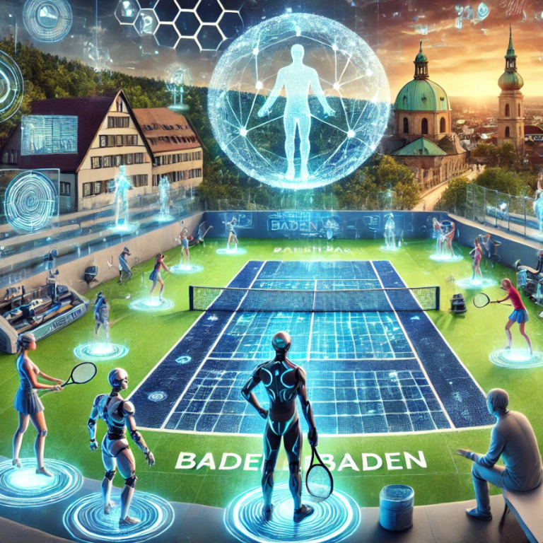 Tennisspieler und digitale Elemente auf einem Platz in Baden-Baden bei Sonnenuntergang.